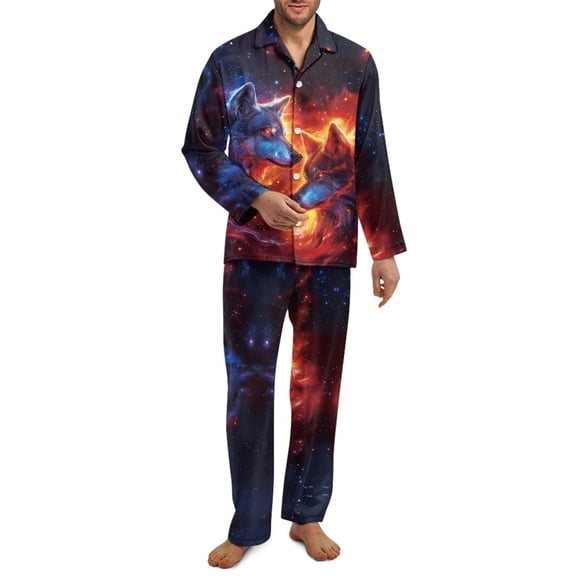 Yuyamidu Wolf Men's Pajama Pants Bottoms Set Galaxy Button Down Loungewear Casual Sleepwear Men Long Pj 2 Packs Soft Long Sleeve Nightwear Daily Wear Clothes Size XS