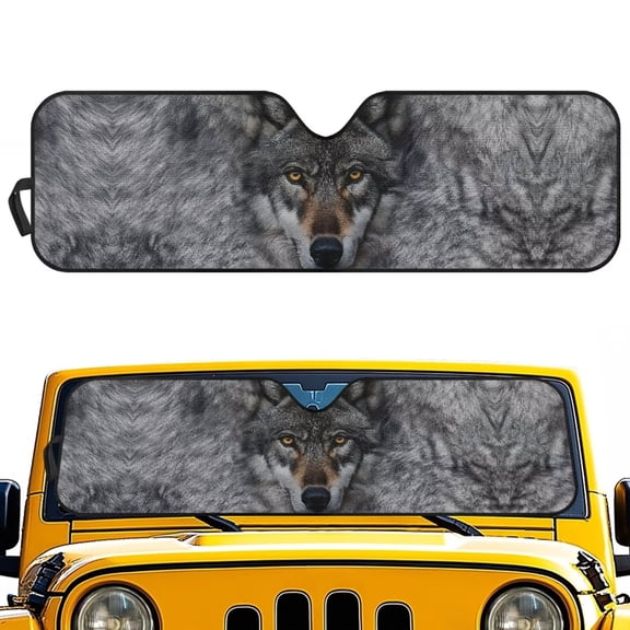 Yuyamidu Wolf Print Windshield Sun Shade Compatible with Jeep Wrangler JK JKU JL JLU & Jeep Gladiator JT Folding Front Window Sun Shade, Gray