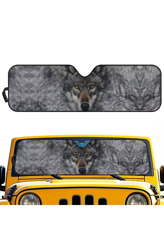 Wolf Print Windshield Sun Shade Compatible with Jeep Wrangler JK JKU JL JLU & Jeep Gladiator JT Folding Front Window Sun Shade, Gray