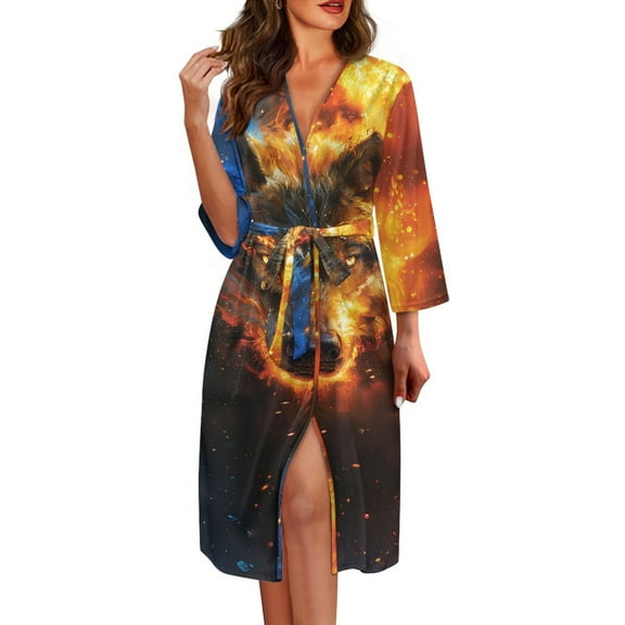 Yuyamidu Wolf Robes for Women Sexy Plus Size M Comfortable Mid-Calf Length Bathrobe Casual V-Neck House Kimono Robe Women's Long Sleeve Nightgown with Waist Belt