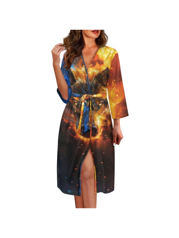 Wolf Robes for Women Sexy Plus Size M Comfortable Mid-Calf Length Bathrobe Casual V-Neck House Kimono Robe Women's Long Sleeve Nightgown with Waist Belt