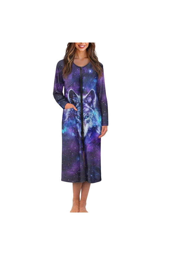 Wolf Womens Robes Lightweight Long Sleeves Bathrobe Starry Sky Long Sleepwear Soft Mid-Length Robe Nightgrown Wedding Party Loungewear Size 4XL, Purple