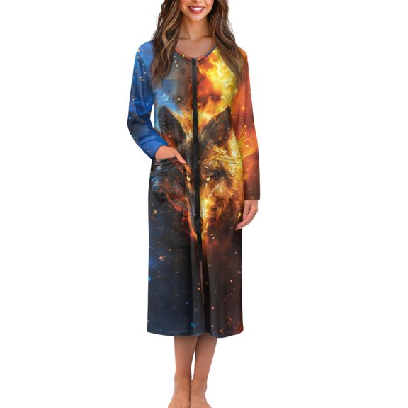 Yuyamidu Wolf Zipper Front Robes for Women House Coat Long Sleeve Bathrobe Comfortable Mid-Calf Length Round Neck Robe Loose Long Sleeve Nightgown Pjs Size L