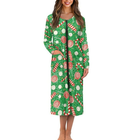 Yuyamidu Women Candy Canes Bath Robes with Zippers Christmas Long Sleeve Robe Plus Size 3XL Lightweight Nightgowns Housecoat Green Crew Neck Long Bathrobe with Pockets