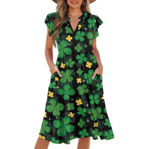 Yuyamidu Women Casual Dresses St Patricks Day Dress Elegant V-Neck A-Line Tiered Midi Dress Sleeveless Ruffle Tiered Dresses with Pockets Green Leaf, Size S
