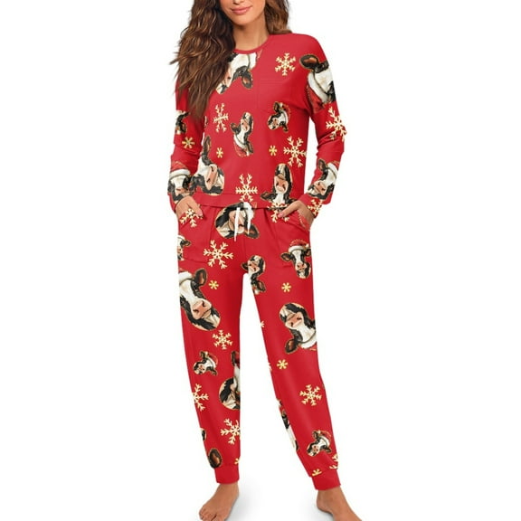Yuyamidu Women Christmas Pajama Set 2 Piece Xmas Cow Long Sleeve Pajamas for Sleep Jogger Set Snowflake Crewneck Nightwear Red Sleepwear Home Wear for Ladies Size M