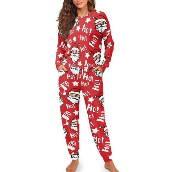Yuyamidu Women Christmas Pajama Set of 2 Santa Claus Long Sleeve Night Top and Long Pants with Pockets Size L HO-HO-HO Crew Neck Sleepwear for Yoga Jogger