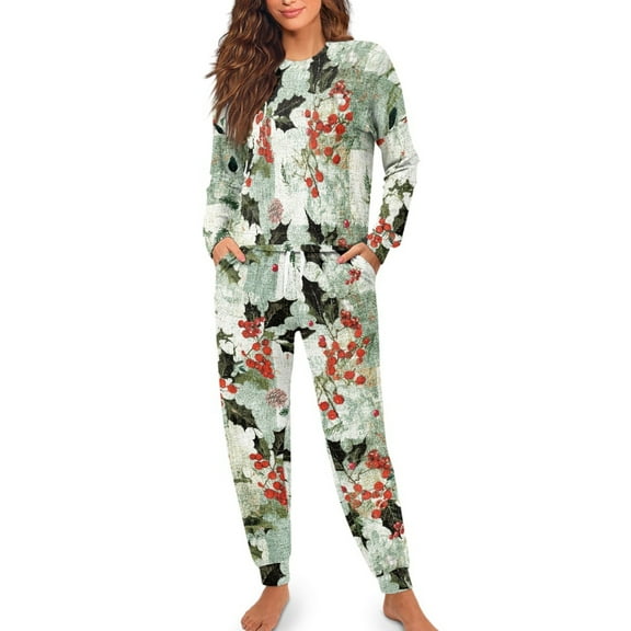 Yuyamidu Women Holly Pjs Sets Long Sleeve Night Wear 2 Pieces Christmas Pajamas Top and Pants with Pockets Fall Spring Winter Clothing Soft Sleepwear Size L