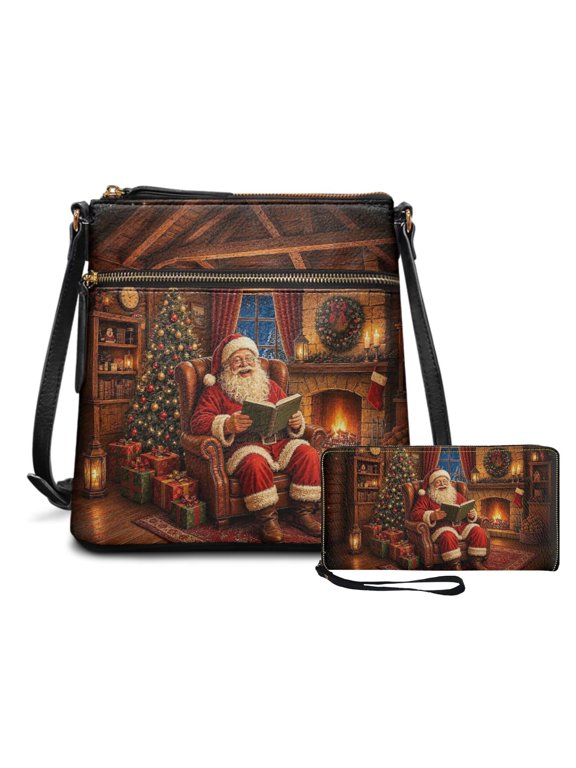 Women Santa Crossbody Purse 2‑Piece Set with Wallet PU Leather Christmas Large Hobo Bag Purse, Adjustable Strap, Ideal for Travel & Shopping Use, Christmas Gift for Her