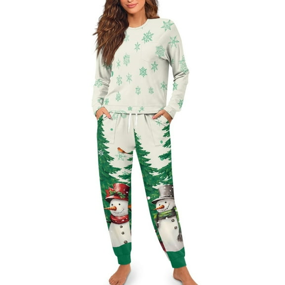 Yuyamidu Women Snowman Nightwear Set of 2 Xmas Tree Pj Size M Christmas Pajamas Pants and Tops Women's Long Sleeve Jogger Set Christmas Sleepwear with Pockets