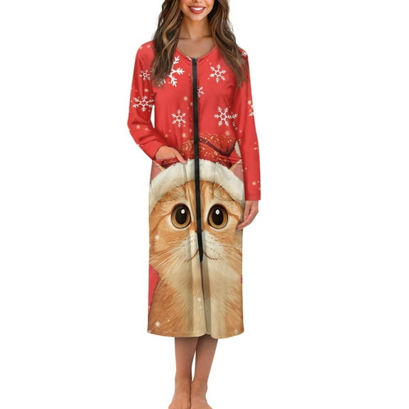 Yuyamidu Women's Christmas Bathrobe Cute Cat Zipper Front Bath Robes Snowflake Long Sleeve Robe Size 3XL Red Crewneck Night Gowns for Women Mid-Length Dressing Gown with Pockets