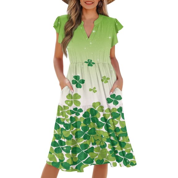 Yuyamidu Women's Dresses St Patricks Day Dresses for Women Midi Dress Ruffle Sleeve Empire Waist A Line Pleated Dress with Pockets Leaf Green, Size L