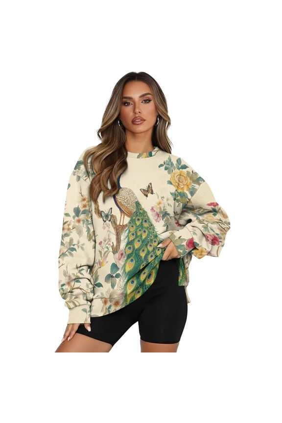 Women's Fashion Hoodie Sweatshirts Oversized Womens Novelty Sweatshirts with Pockets Peacock Flower Butterfly Crewneck Pullover Casual Tops Long Sleeve Shirts Spring Fall Winter Clothes