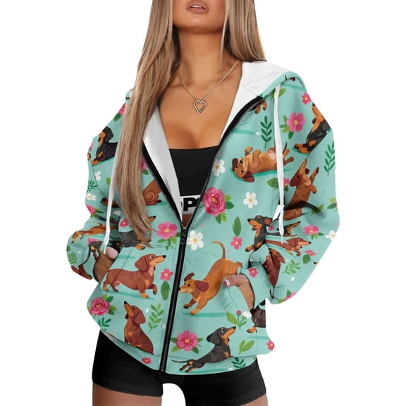 Yuyamidu Women's Fashion Hoodies & Sweatshirts Dachshund Sweatshirt for Women Womens Hooded Sweatshirt Zip Up Jacket Pullover Workwear Jacket with Pockets L