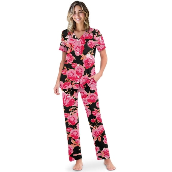 Yuyamidu Women's Floral Pajamas Notch Collar Print Sleepwear Two Piece Loungewear Soft Comfy PJ Set Summer Two Piece Pjs Sets, (Rose)