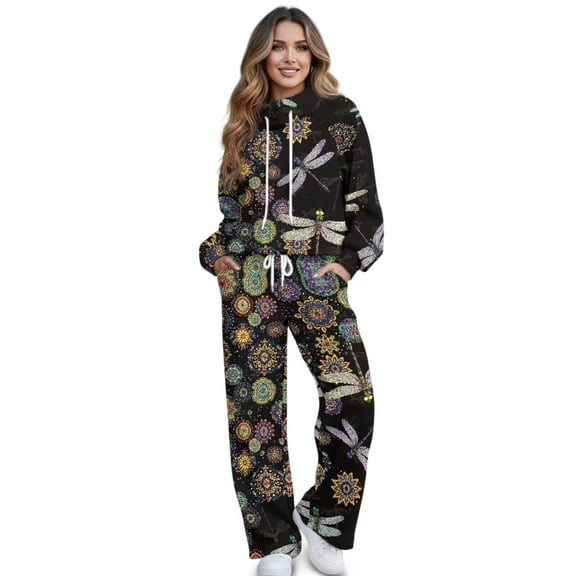 Yuyamidu Women's Lounge Sets Loungewear Matching Sweatsuit Long Sleeve Tracksuits Sweatshirt Wide Leg Drawstring Sweatpants 2 Piece Outfits Boho Flower Dragonfly Daily Birthday Travel Clothing Set S