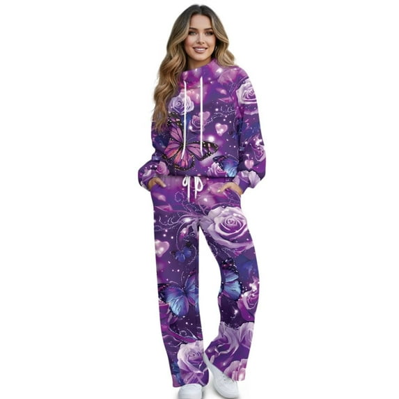 Yuyamidu Women's Lounge Sets Loungewear Purple Butterfly Rose Matching Sweatsuit Pickleball Exercising Gym Tracksuits 2 Piece Outfits Long Sleeve Sweatshirt Wide Leg Drawstring Sweatpants S