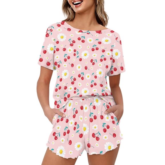 Yuyamidu Women's Pajama Set 2-Piece Pink Cozy & Cute Homewear Round Neck Short Sleeve Sleep Tee & Lounge Shorts Nightwear for Ladies Cherry Daisy