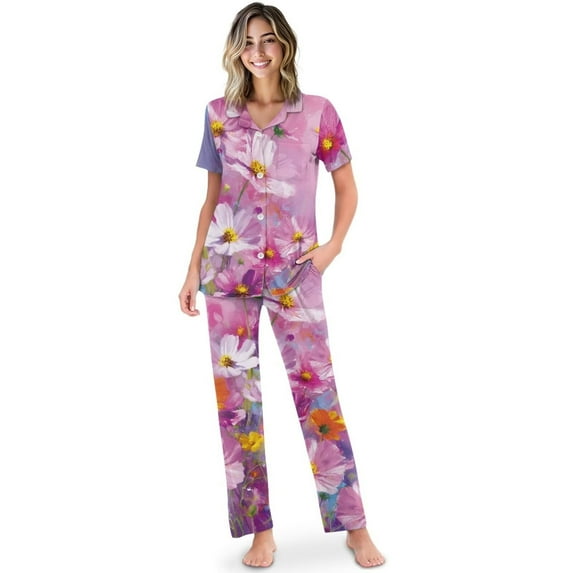 Yuyamidu Women's Pajama Set Pink Flowers Short Sleeve Top Long Pants Pajama Set Notch Collar Button Up Lounge Sets Soft Comfy Sleepwear