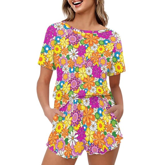 Yuyamidu Women's Short Sleeve Pajama Set 2-Piece Comfortable Round Neck Sleepwear with Soft Breathable Cotton Top & Shorts for Women, Hippie Flowers