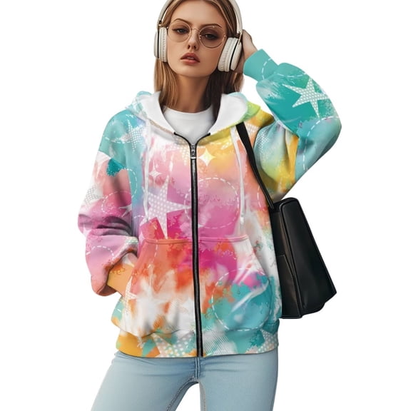 Yuyamidu Women's Sweatshirt Star Hoodie Tie Dye Sweatshirt Sweat Shirts for Womens Oversized Sweatshirts Soft Zip Up Jacket with Zipper Hooded Sweatshirts Plus Size Clothes M