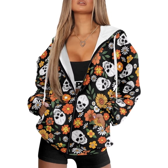 Yuyamidu Women's Sweatshirt Zip Up Hoodie Skull Hoodies for Women Oversized Hoodies Long Sleeve Casual Drawstring Drop Shoulder Sweatshirts Jacket with Pocket XS