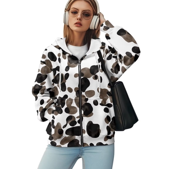 Yuyamidu Women's Sweatshirts Cow Hoodie Womens Zip Up Hoodies 2025 Oversized Hoodie for Women Trendy Hooded Sweatshirts Fall Winter Zipper Oversized Zip Up Jacket 2XL