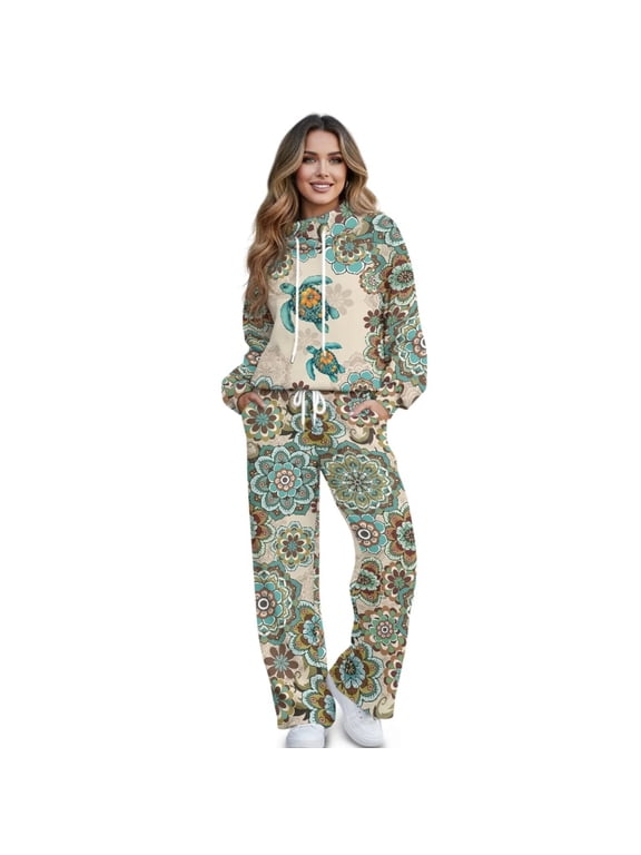 Women's Tracksuits 2 Piece Outfits Matching Lounge Sets Loungewear Boho Flower Sea Turtle Drawstring Sweatshirt Wide Leg Sweatpants Sweatsuit for Yoga Golf Running Tops Bottoms Set