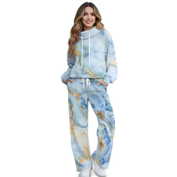 Yuyamidu Women's Tracksuits Matching Sweatsuit Blue Marble Texture Loungewear Lounge Sets 2 PCS Outfits Drawstring Pullover Sweatshirt Wide Leg Sweatpants with Pocket Yoga Golf Sport Tops Bottoms Set