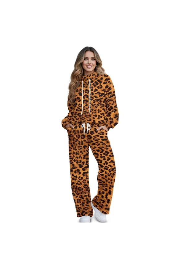 Women's Tracksuits Matching Sweatsuit Loungewear Lounge Sets Fashion Leopard Print 2 Piece Outfits Spring Fall Winter Drawstring Pullover Sweatshirt Wide Leg Sweatpants Tops Bottoms Set XS