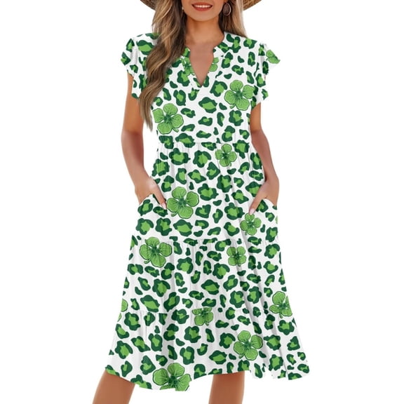 Yuyamidu Womens Casual Dress St Patricks Day Dresses for Women Cheetah Print Dress Leaf V Neck Ruffle Sleeve A Line Sun Dresses with Pockets, Size 2XL