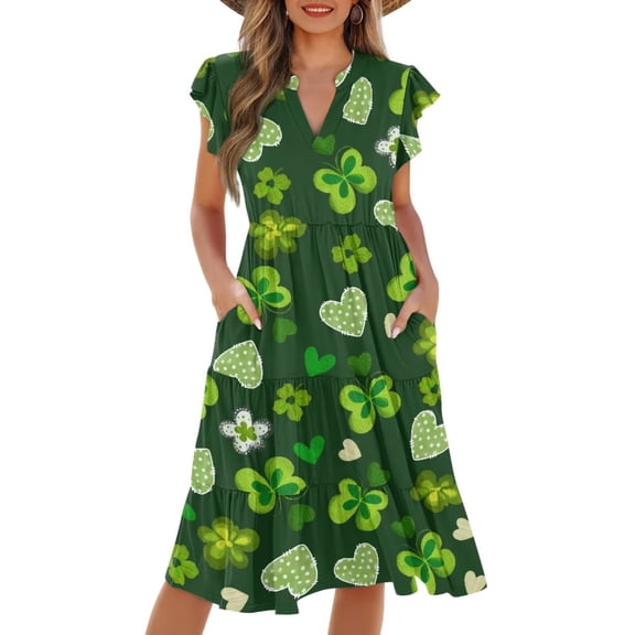 Yuyamidu Womens Casual Summer Dresses St Patricks Day Dress V-Neck A-Line Dress Elegant Flutter Ruffle Sleeves Midi Casual Tiered Dresses Green, Size L