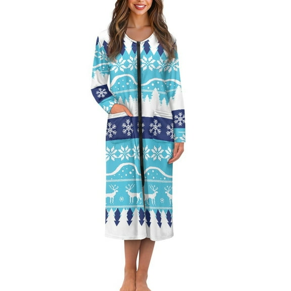 Yuyamidu Womens Christmas Bath Robes with Zippers Snowflake Long Sleeve Robe for Women Plus Size XL Reindeer Nightgowns Housecoat Blue Long Bathrobe with Pockets