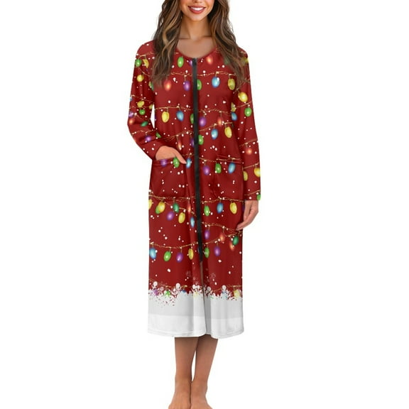 Yuyamidu Womens Christmas Robes Colorful Light Zipper Front Long Robe Red Long Sleeve Bathrobe Casual Sleepwear Gowns Size 3XL Loose Pajama Dress with Pockets