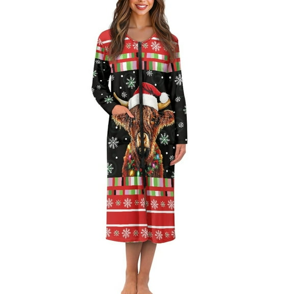 Yuyamidu Womens Christmas Robes Highland Cow Long Nightgown Snowflake Zipper Front Bathrobe for Women Sexy Long Sleeves Robe Sleepwear Size XL Casual Dressing Gown