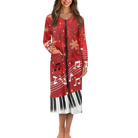 Yuyamidu Womens Christmas Robes Music Note Long Sleeve Bathrobe with Front Zipper Snowflake Round Neck Gowns for Ladies Sleepwear Housecoat Red Pajama Nightgown Size S