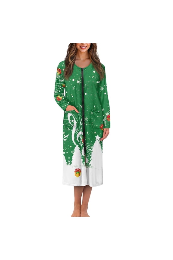 Womens Christmas Robes Music Note Zipper Front Long Sleeves Bathrobe Xmas Tree Long Sleepwear Green Mid-Length Robe Nightgrown Ladies Housecoat Size S