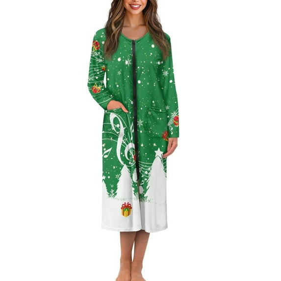 Yuyamidu Womens Christmas Robes Music Note Zipper Front Long Sleeves Bathrobe Xmas Tree Long Sleepwear Green Mid-Length Robe Nightgrown Ladies Housecoat Size M