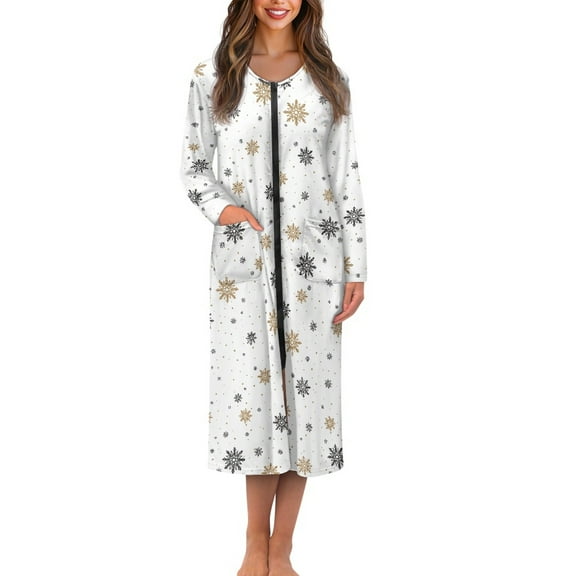 Yuyamidu Womens Christmas Zipper Robe Long Lightweight Bathrobe Snowflake Sleepwear Gown White Long Sleeve Robes for Women Plus Size XL Ladies Sleep Dresses, Below the Knee