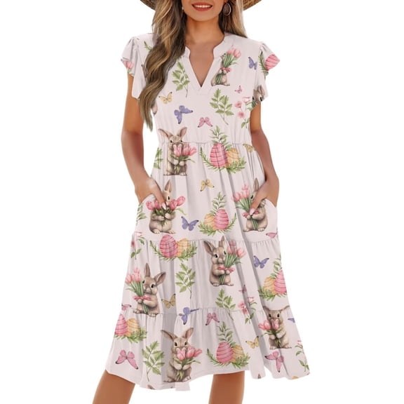 Yuyamidu Womens Easter Dresses Women's Casual Dresses Bunny Dress Ruffle Sleeve V Neck Womens Hawaiian Sundresses Flowy Swing A Line Tiered Dress Pink, Size S