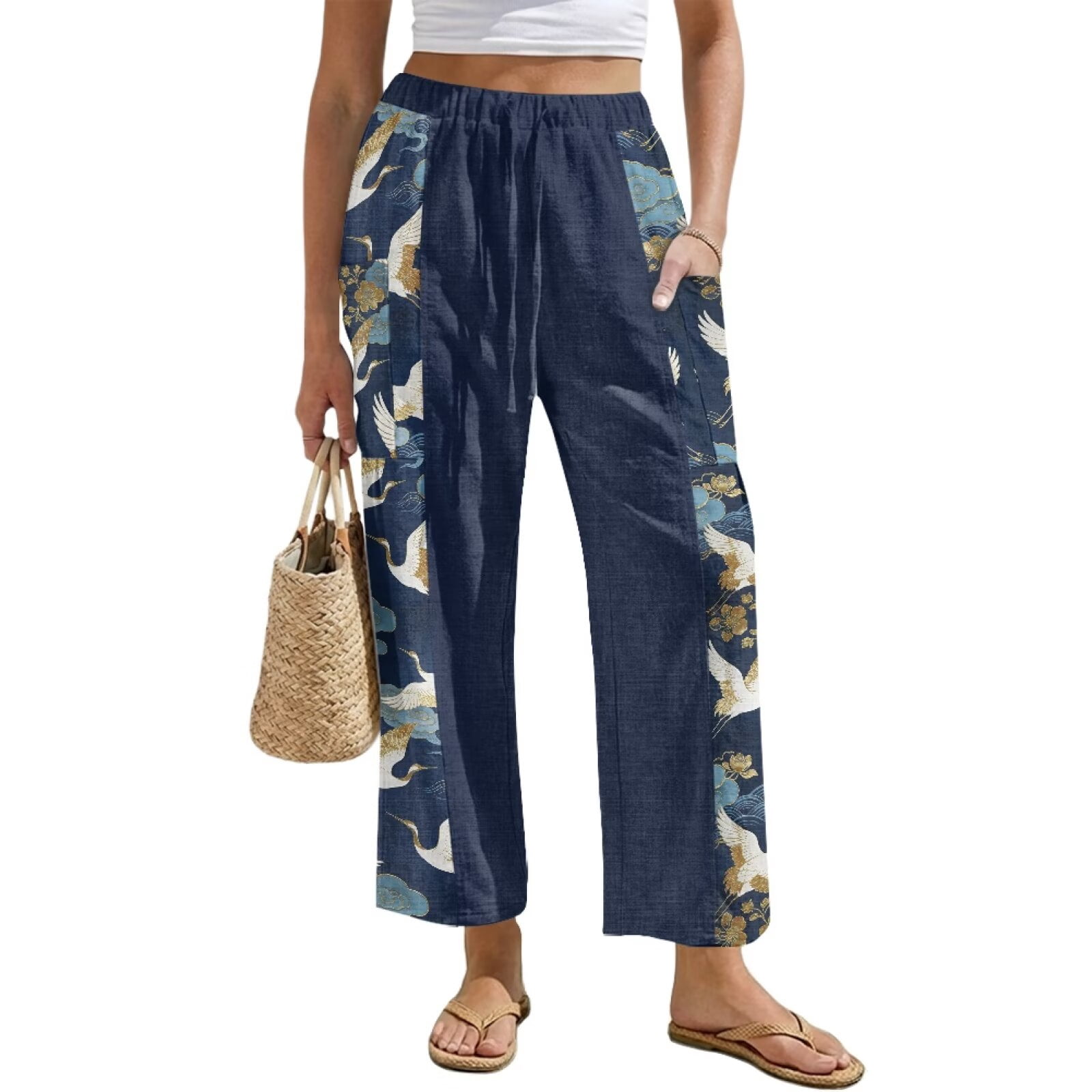 Yuyamidu Womens Linen Pants Beach Size 2XL Flowy Petite Palazzo Pants Wide Leg Lightweight Vacation Trousers Chinese Print Outfits, Chinese Bird Crane