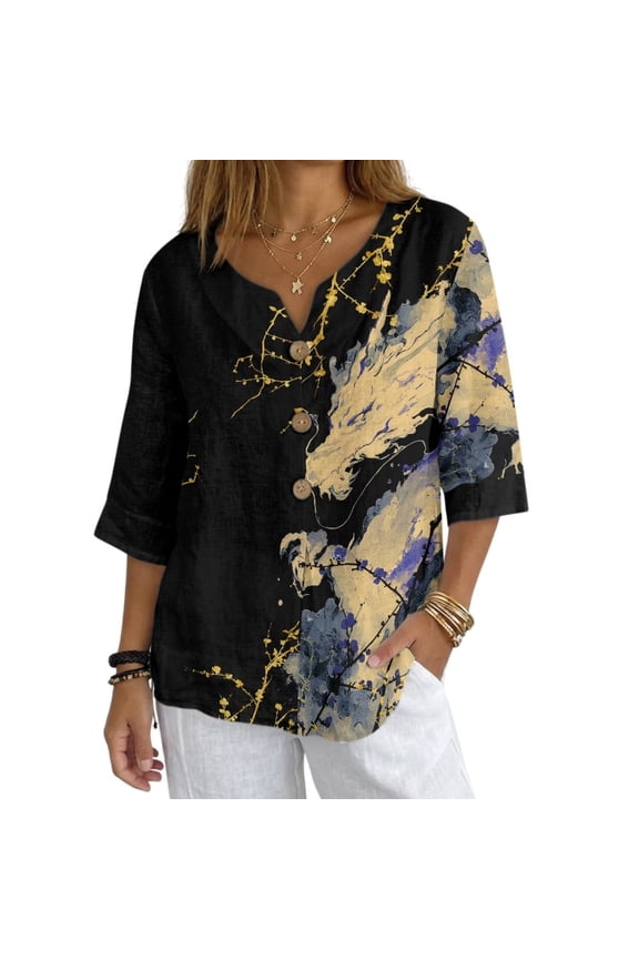 Womens Linen Shirts 3/4 Long Sleeve Size M V Neck Lightweight Blouse Shirt Dressy Breathable Tunic Tops Chinese Print Tops, Chinese Dragons