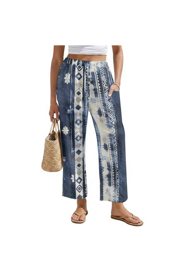 Womens Linen Trousers Petite with Pockets Size L Wide Leg High Waisted Palazzo Trousers Loose Fit Flowy Pants Business Casual, Blue Ethnic Plaid