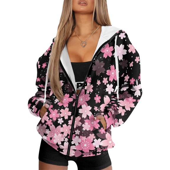 Yuyamidu Womens Oversized Sweatshirt Cherry Blossom Hoodie Zip Up Jacket for Women Sweatshirts Oversized Zip Up Hoodie Y2k Full Zipper Sweatshirt L