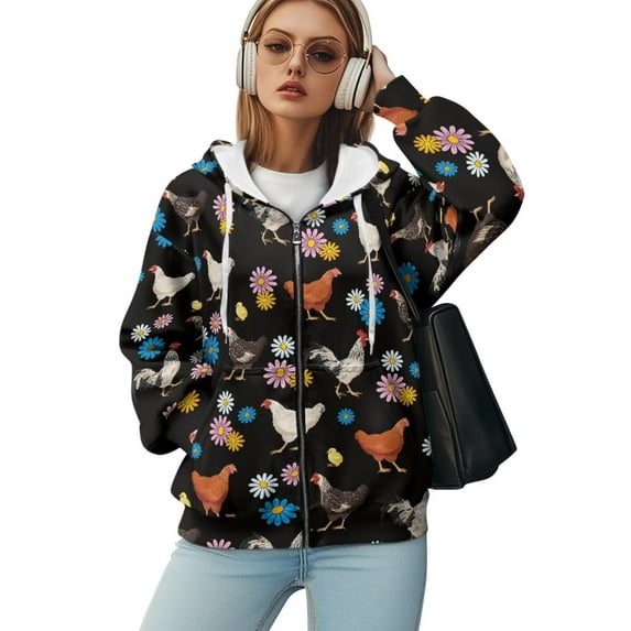 Yuyamidu Womens Oversized Sweatshirt Chicken Sweatshirt Boho Jackets for Women Jacket Black Zip Up Hoodie Women Apparel Cute Womens Sweatshirts L