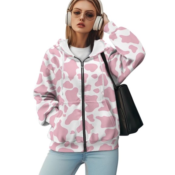 Yuyamidu Womens Oversized Sweatshirt Cow Print Jacket for Women Pink Hoodie Oversized Zip Up Hoodie for Women Clothing Women's Plus Size Coats and Jackets M