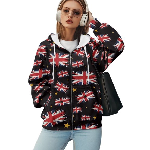 Yuyamidu Womens Oversized Sweatshirt Union Flag Hoodie Full Zip Hoodies for Women Fashion Casual Sweatshirt with Drawstring Drop Shoulder Oversize Long-Sleeve Pullover Tops XL