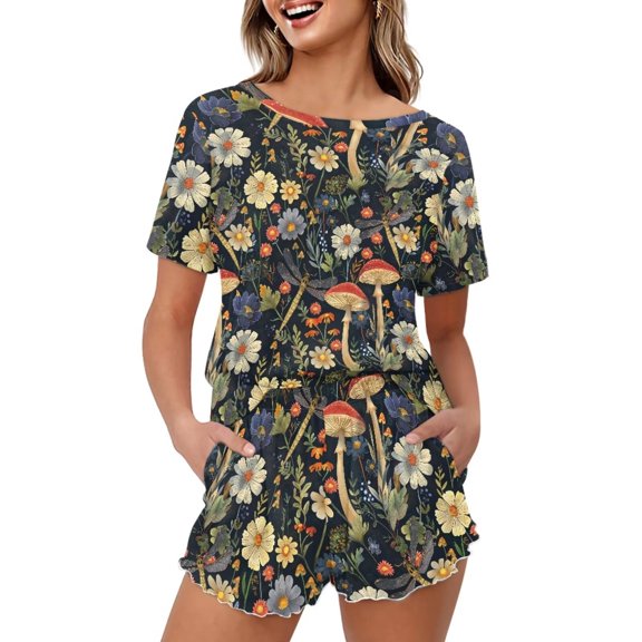 Yuyamidu Womens Pajama Sets Shorts with Pockets Short Sleeve Tops & Pants Lounge Set Summer Soft Sleepwear 2 Piece Pjs Nightwear Daisy Mushroom Print