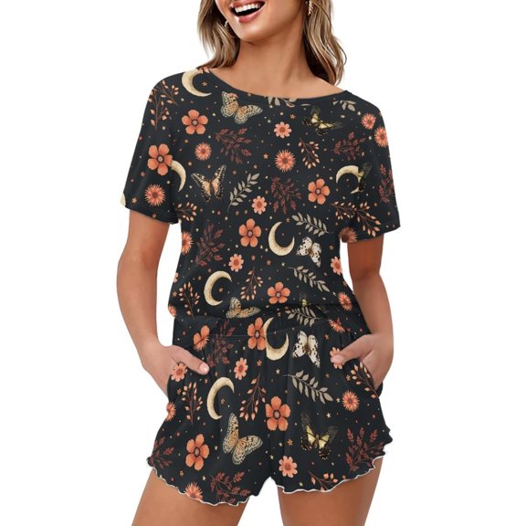 Yuyamidu Womens Sleepwear Short Set Black Loungewear Flowers Butterfly Print Sleepwear Short Sleeve T-Shirt & Pants PJS Sets