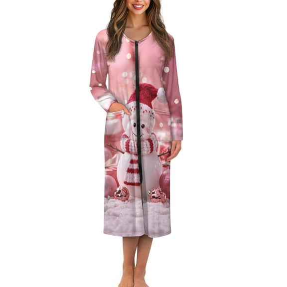 Yuyamidu Womens Snowman Robes Pink Zipper Front Night Gowns Christmas Long Sleeve Robe for Women After Shower Dressing Gown Soft Ladies Bathrobe Sleepwear Size 4XL